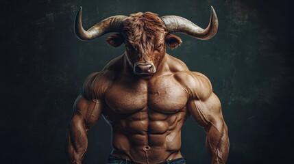 Plakat Muscular man head of bull epic combination background wallpaper AI generated image