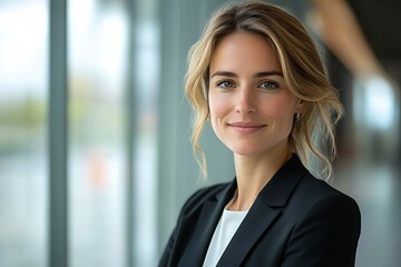 Confident Businesswoman in Black Suit with a Positive Outlook