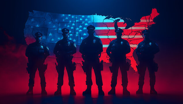 Military officers standing in front of a map of the United States