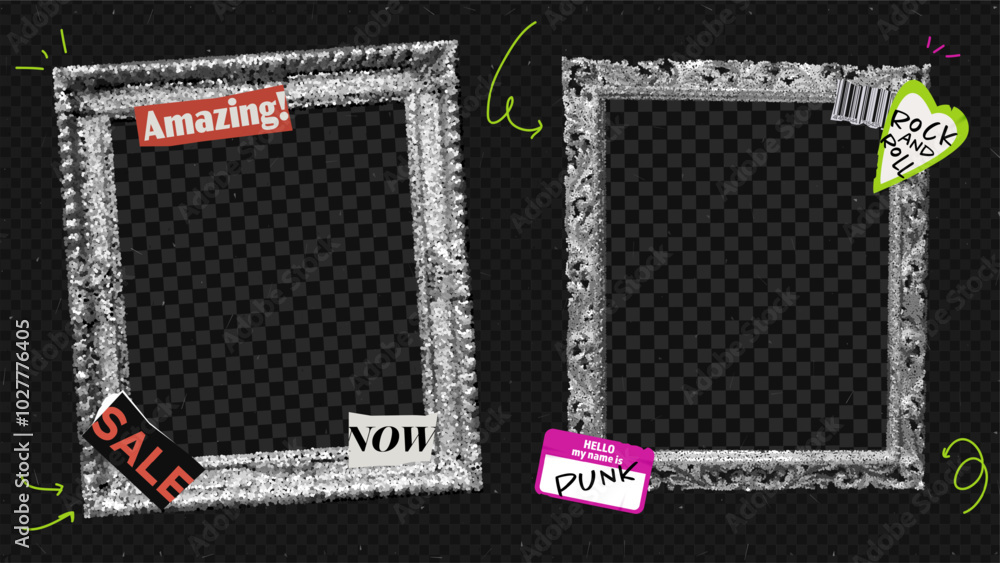 Poster transparent photo frame and sticker vector template. collage set with glitter and silver border. gru
