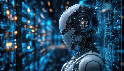 A highly advanced robot integrated into a cutting-edge digital cityscape, seamlessly blending in with the complex network of illuminated futuristic structures around.