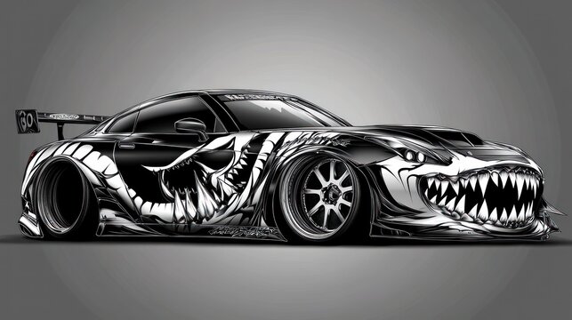 Car racing design with a cool monster mouth theme sticker striping motif background wallpaper AI generated image
