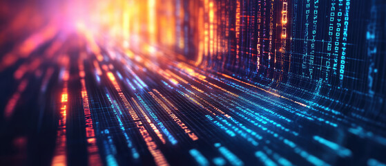 An abstract stream of digital data portrayed in blues and oranges, symbolizing the vibrant pulse of technology and innovation in a connected world.