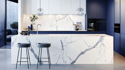 a marble kitchen island with contemporary stools, set against blue cabinetry and a white mock-up wall.