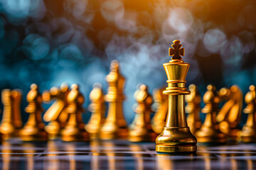 Chess piece is on a chess board with other pieces. The king is the only piece that is not in a position to be captured