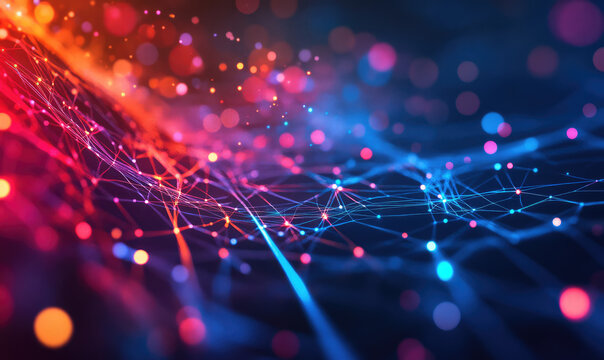 This image features a vibrant network of interconnected colored lines and glowing points, symbolizing connectivity, technology, and the vibrant energy of digital networks.