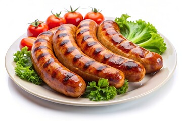 meat,grilled sausage, delicious, plate, picnic, BBQ, tasty, dinner, lunch, food, grilled, isolated, barbeque, Grilled sausage BBQ on a plate isolated on a white background silhouette