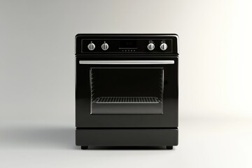 Obraz premium A classic black electric oven with a glass door and control knobs, isolated on a plain background to emphasize its simplicity