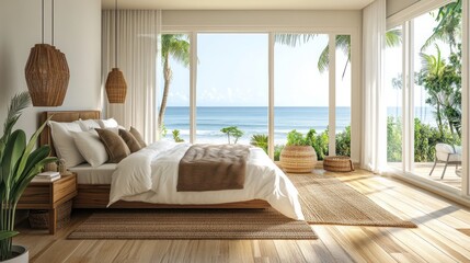 Fototapeta premium Modern bedroom with large windows overlooking a beach with palm trees.