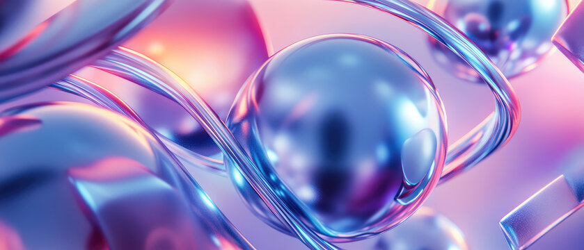 This modern abstract image features metallic blue spheres with reflective surfaces amidst intertwining lights, transmitting a vibe of elegance and futuristic design.