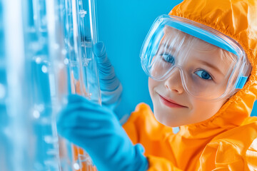 Young child in protective gear engaging in a science activity indoors on a bright blue background