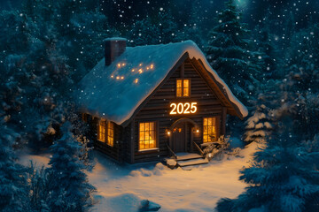 A cozy cabin in the woods with Showing HAPPY NEW YEAR 2025