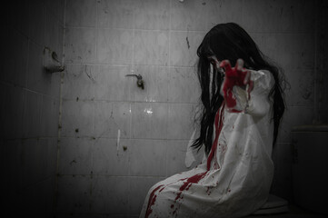 Portrait of asian woman make up ghost,Scary horror scene for background,Halloween festival...