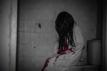 Portrait of asian woman make up ghost,Scary horror scene for background,Halloween festival...