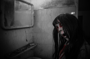 Portrait of asian woman make up ghost,Scary horror scene for background,Halloween festival...