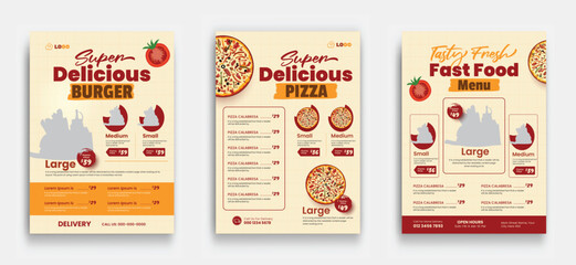 Fast food restaurant business marketing pizza menu flyer template design with fast food, fresh pizza, burger & pasta sale promotion flyer
