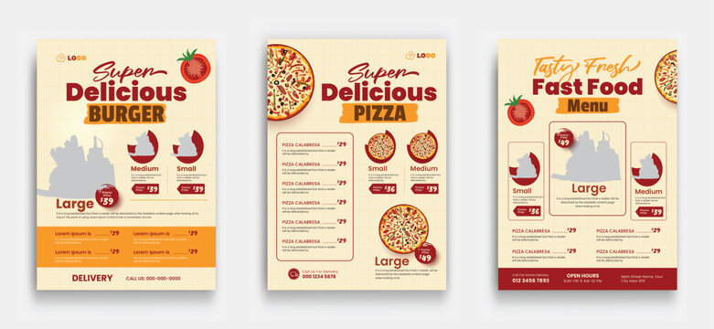Fast food restaurant business marketing pizza menu flyer template design with fast food, fresh pizza, burger & pasta sale promotion flyer