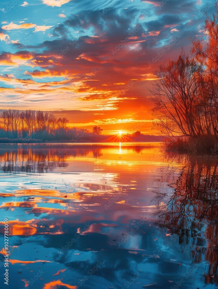 Poster the sky glows with brilliant hues as the sun sets, creating stunning reflections on serene waters su