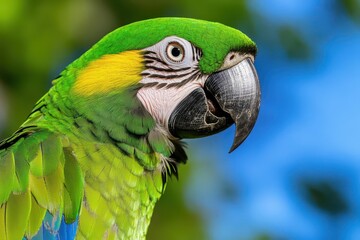 Fototapeta premium Colorful parrot perched, vibrant feathers, nature background, bright and lively.