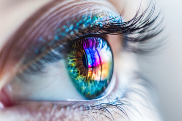 Woman's eye with a rainbow colored iris. The eye is surrounded by a rainbow of colors, giving it a vibrant and playful appearance