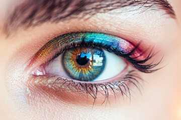 Obraz premium Woman's eye with a rainbow colored iris. The eye is surrounded by a rainbow of colors, giving it a vibrant and playful appearance