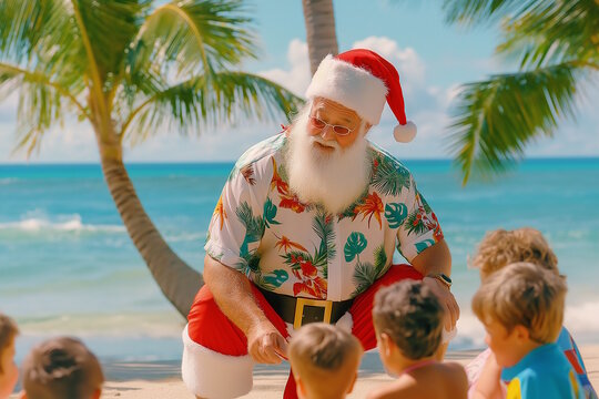 Santa Claus surrounded by children on a tropical beach, concept of Christmas bonding and holiday family time