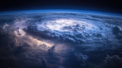 Fototapeta premium High-resolution satellite photograph of a storm system with intricate cloud formations and active lightning, capturing its size