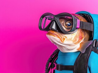 Fish in diving gear against a vibrant pink background, showcasing a playful concept.