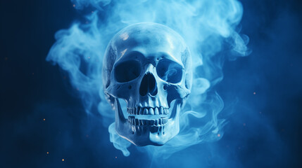 Smiling human skull on a blue background amid white smoke. atmospheric screensaver for Halloween.