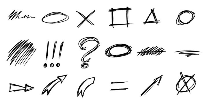 Ensemble de visuels dessin&eacute;s &agrave; la main. Ovales, fl&egrave;ches, triangle, &eacute;toile et rectangles gribouill&eacute;s, imitation rature au crayon