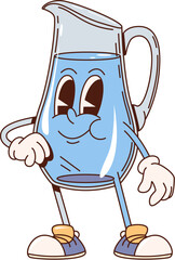 Retro groovy water pitcher or kitchenware utensils character with funny face, cartoon vector. Groovy retro and funky comic water jug or glass pitcher with happy face for kitchen emoji character