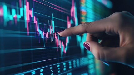Modern workspace with a hand pointing to an upward trend on a financial chart
