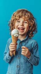 Happy child enjoying waffle cone ice cream, isolated on blue background.