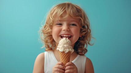 Happy child enjoying waffle cone ice cream, isolated on blue background.