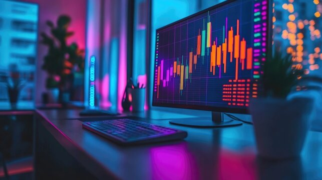 Modern workspace with colorful upward arrow charts on a digital screen, reflecting financial achievements