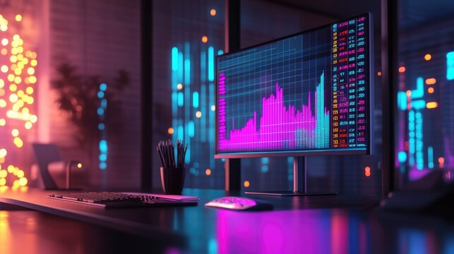 Modern workspace with colorful upward arrow charts on a digital screen, reflecting financial achievements