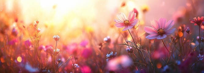 Bright flower meadow in summer, illuminated by bokeh lights and sunbeams.