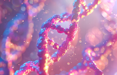 Colorful, abstract image of a DNA strand with a blue background. The strand is made up of many different colors, including red, purple, and green. The image has a dreamy, ethereal quality to it