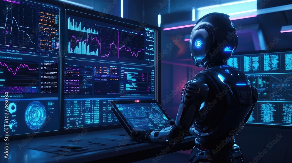 Poster robot with a tablet, displaying data and charts, futuristic control room with led screens