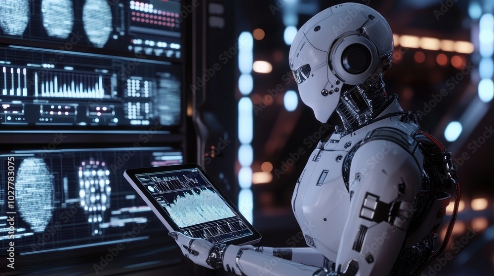 Poster robot with a tablet, displaying data and charts, futuristic control room with led screens