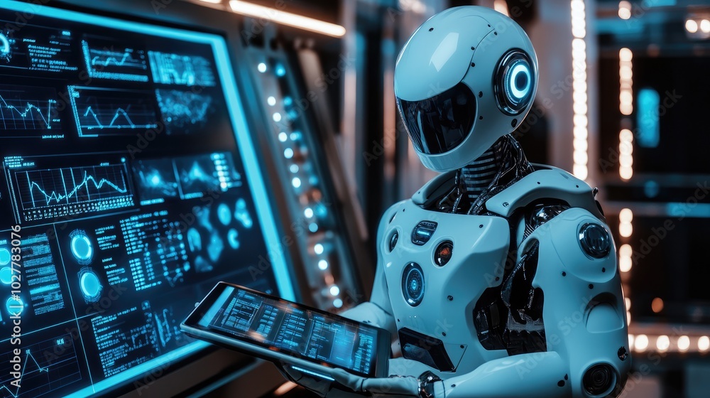 Poster robot with a tablet, displaying data and charts, futuristic control room with led screens