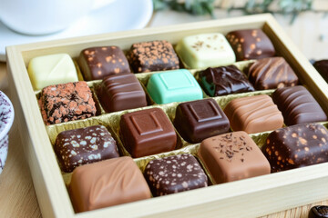 Assortment of fine chocolates lying in a box