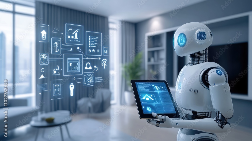 Poster robot with a tablet in a smart home, managing digital systems and home automation