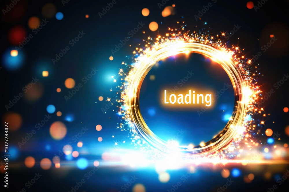 Poster golden circle spinning and creating loading text effect on blue background