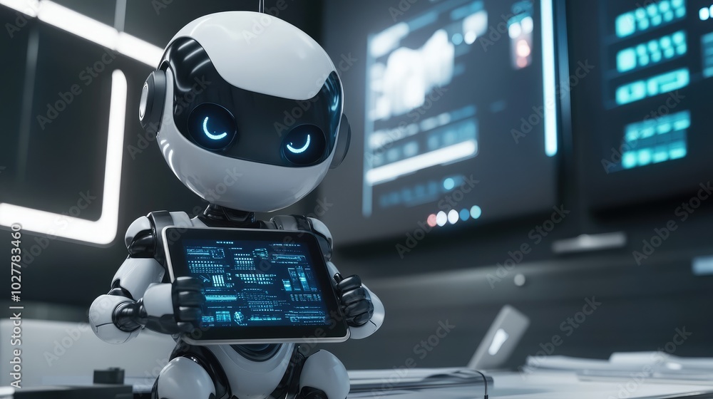 Poster robot with a tablet in a sleek office, analyzing data and controlling digital systems