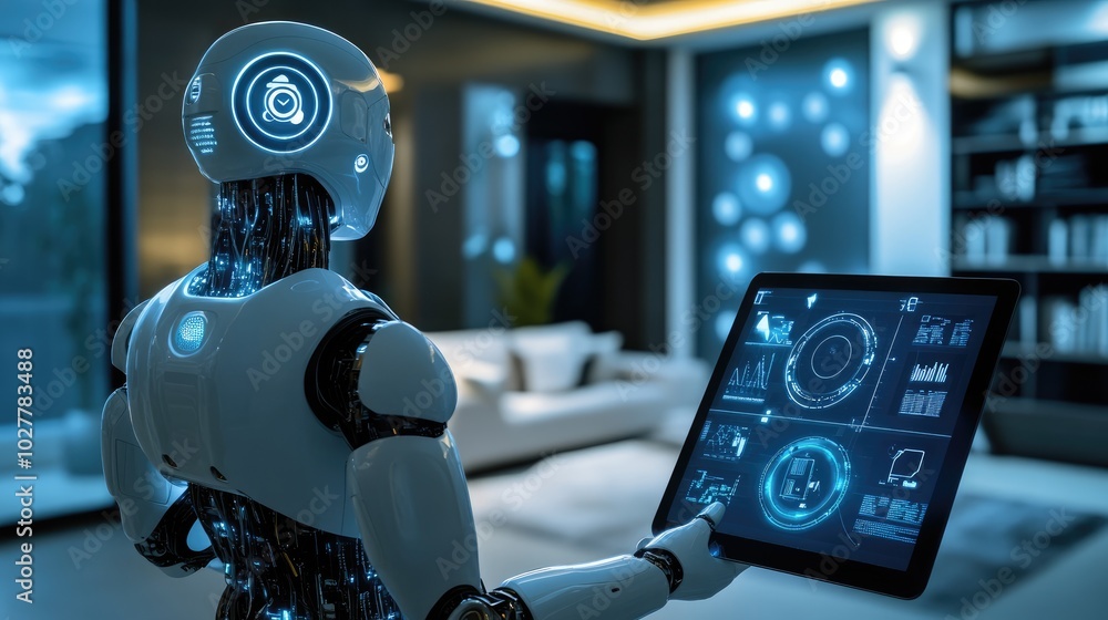 Poster robot with a tablet in a smart home, managing digital systems and home automation