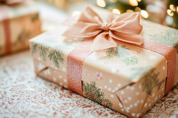 Christmas gift wrapped with pink ribbon and pine tree pattern sitting on table