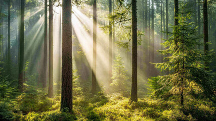 Sun is shining through foggy green forest in summer morning