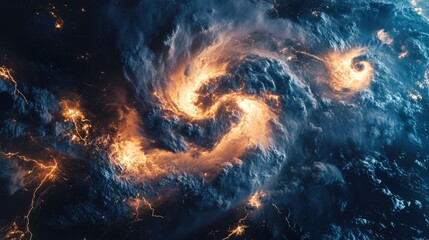 Satellite image of a major thunderstorm with dramatic cloud patterns and visible lightning, emphasizing the storm's impact