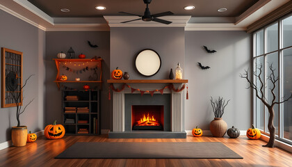 Obraz premium Interior of living room decorated for Halloween with shelf unit and mantelpiece isolated with white highlights, png